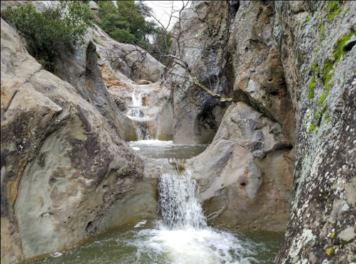 A serene rocky landscape featuring a small waterfall cascading into a tranquil pool surrounded by greenery.