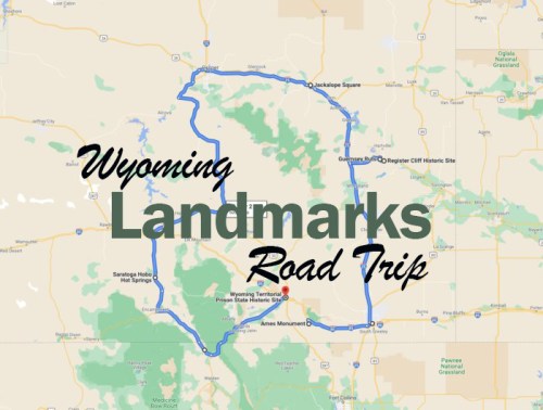 Map outlining a road trip route through Wyoming, highlighting various landmarks and attractions.