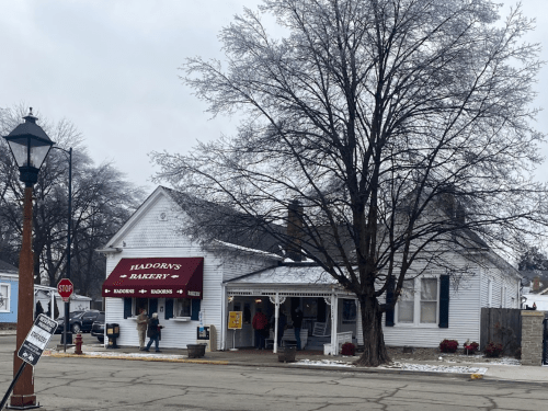 A quaint bakery with a red awning, surrounded by trees, and people entering on a snowy day.