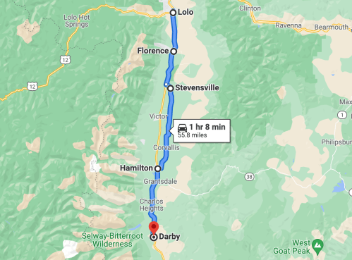 Map showing a route from Lolo to Darby, Montana, highlighting key towns and a travel time of 1 hour 8 minutes.