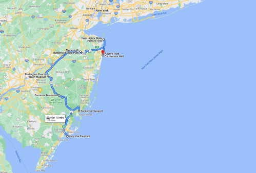 Map showing a route from Monmouth Battlefield State Park to Lucy the Elephant, highlighting nearby locations.