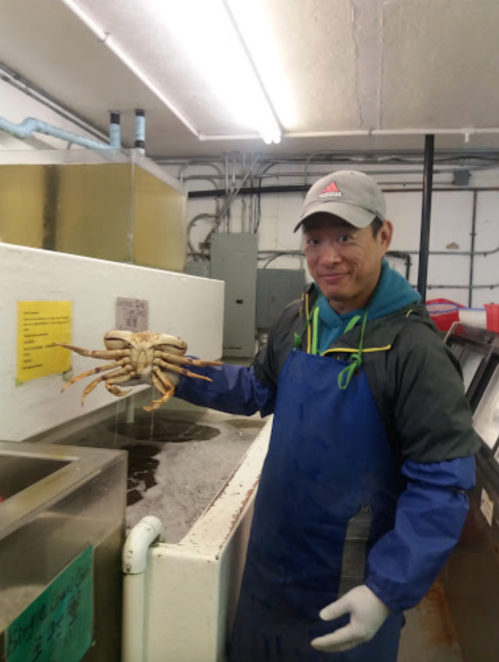 A man in a blue apron holds a large crab in a seafood processing facility.