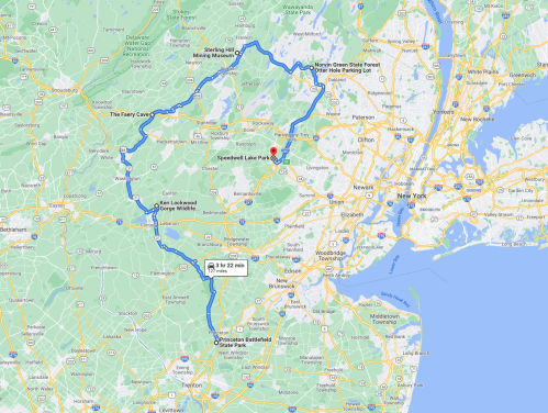 Map showing a route from New York City to Speedwell Lake Park, highlighting nearby attractions and landmarks.
