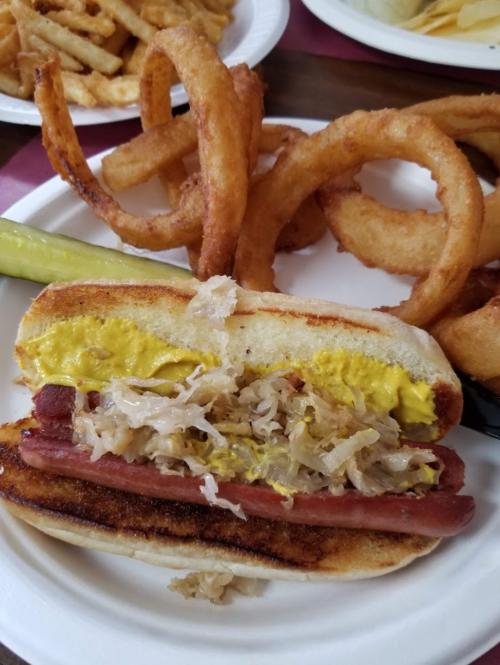 A grilled hot dog in a toasted bun topped with mustard and sauerkraut, served with onion rings and a pickle.