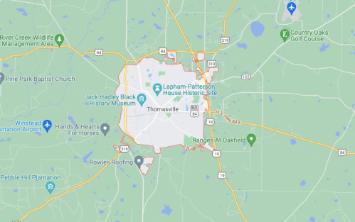 Map of Thomasville, Georgia, showing roads, landmarks, and surrounding areas.