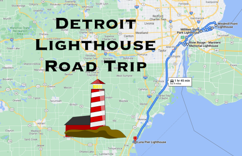 Map highlighting a road trip route from Detroit to Luna Pier Lighthouse, featuring a red and white striped lighthouse illustration.