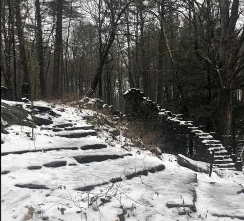 Snow-covered stone steps lead up through a forest, with remnants of a stone wall visible among the trees.