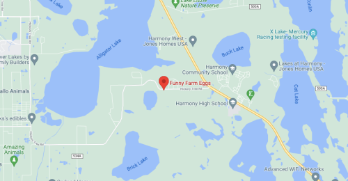 Map showing the location of Funny Farm Eggs near Harmony, Florida, surrounded by lakes and roads.