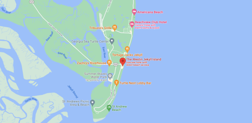 Map of Jekyll Island, Georgia, highlighting local attractions, restaurants, and beaches along the coastline.