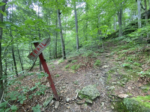 A red wooden sign points to a forest trail, surrounded by lush green trees and rocky terrain.