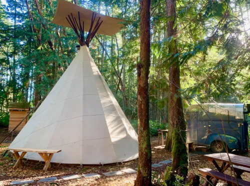 A teepee surrounded by trees, with a picnic table nearby and a vintage trailer in the background.