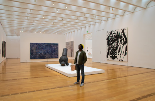A person stands in an art gallery, surrounded by abstract artworks and sculptures on white walls and wooden floors.