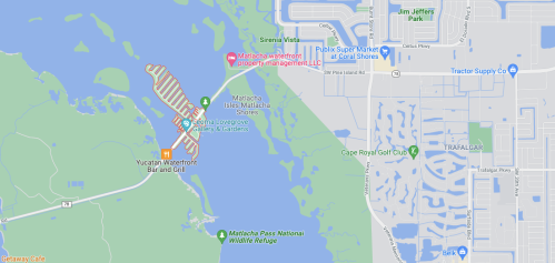 Map showing the area around Matlacha, including waterfront locations and nearby parks.