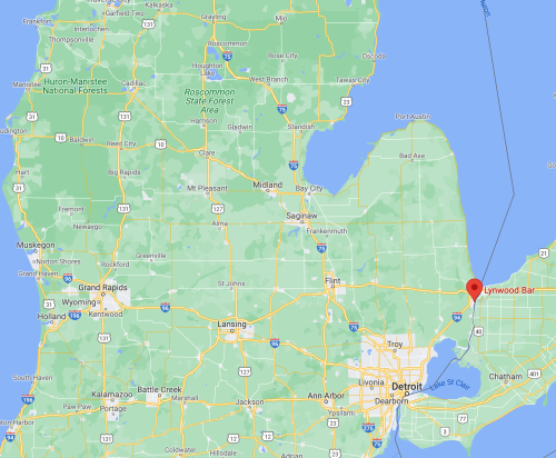 Map of Michigan highlighting the location of Lynwood Bar near Detroit.