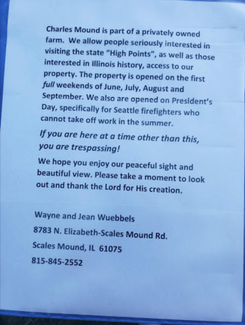 Sign inviting visitors to Charles Mound, a private farm in Illinois, with details on visiting times and contact information.