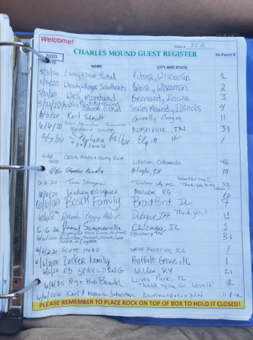 A guest register page with handwritten names, dates, and locations, organized in a binder.