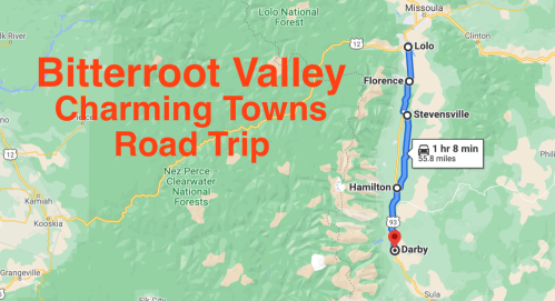 Map of a road trip through Bitterroot Valley, highlighting charming towns from Darby to Lolo, Montana.