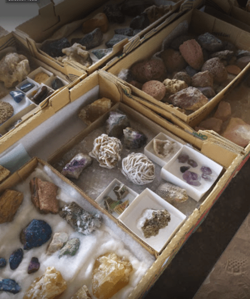 A collection of various colorful rocks and minerals displayed in cardboard boxes, some on white cotton.