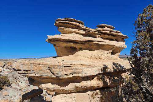 Layered rock formation against a clear blue sky, surrounded by sparse vegetation in a desert landscape.