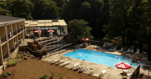 A sunny pool area with lounge chairs, umbrellas, and people swimming, surrounded by greenery and a building in the background.