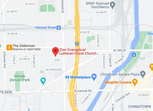 Map showing the location of Zion Evangelical Lutheran Church and nearby streets in a city area.