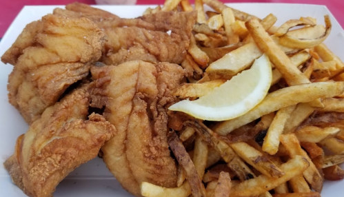 A plate of crispy fried fish fillets served with golden French fries and a slice of lemon.