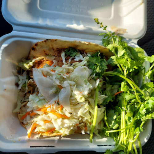 A takeout container with a taco filled with meat, cabbage, carrots, and fresh cilantro on the side.