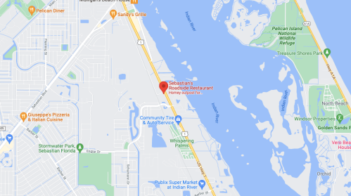 Map showing Sebastian's Roadside Restaurant near the Indian River in Sebastian, Florida, with nearby landmarks and roads.