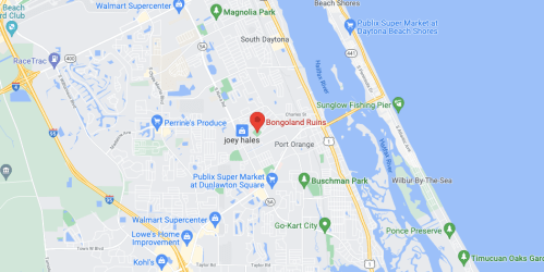 Map showing the location of Bongoland Ruins in Port Orange, Florida, near various landmarks and roads.