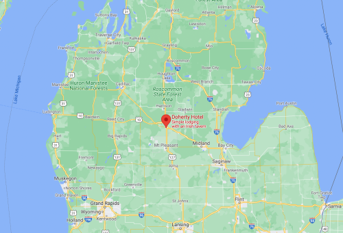 Map showing the location of Doherty Hotel in Michigan, near Mount Pleasant and surrounded by green areas.