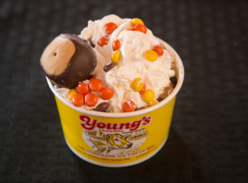 A cup of ice cream topped with whipped cream, chocolate candy, and colorful candy pieces.