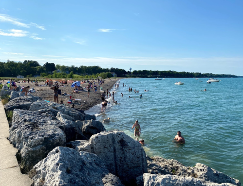 A sunny beach scene with people swimming and relaxing by the water, rocky shoreline, and boats in the distance.