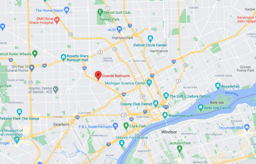 Map of Detroit highlighting the location of the Grande Ballroom near the Michigan Science Center.