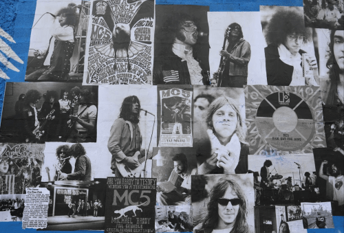 A collage of black-and-white photos featuring musicians and concert posters from the rock era.