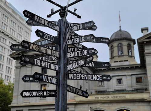 A directional signpost with multiple arrows pointing to various locations, including the Pacific Ocean and Vancouver, B.C.