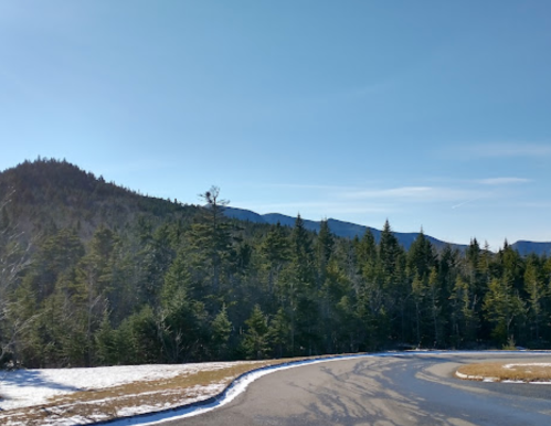 A scenic view of a mountain landscape with evergreen trees and a clear blue sky. Snow is visible on the ground.