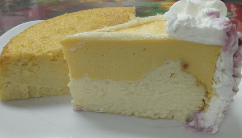 A slice of creamy cheesecake topped with whipped cream, next to a piece of yellow cake on a white plate.
