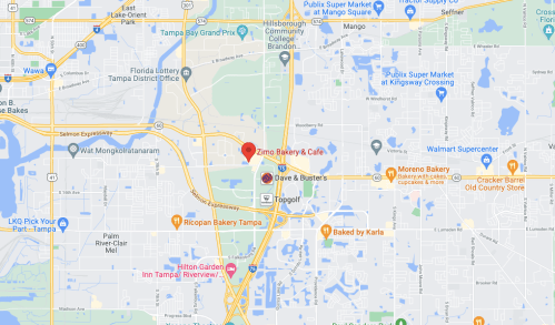 Map showing the locations of Zimo Bakery & Café, Dave & Buster's, and nearby businesses in Tampa, Florida.