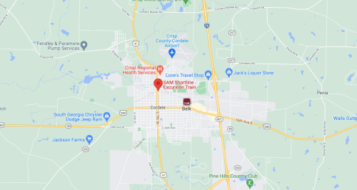 Map of Cordele, Georgia, highlighting locations like SAM Shortline Excursion Train and nearby landmarks.