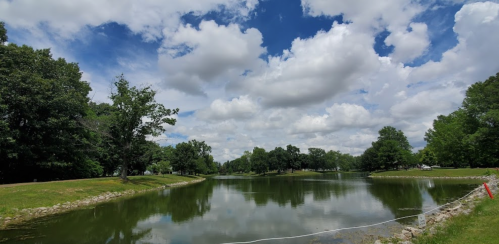 A serene park scene featuring a calm pond surrounded by lush trees and a bright, cloudy sky.