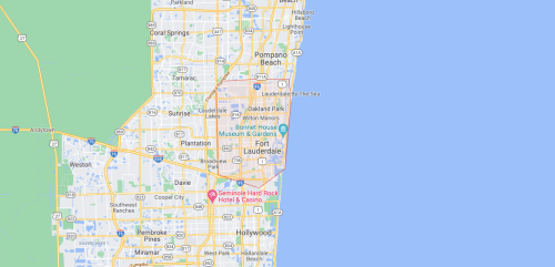 Map showing Fort Lauderdale and surrounding areas in Florida, with the Seminole Hard Rock Hotel & Casino marked.