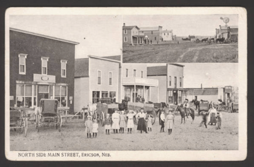Historic postcard of North Side Main Street, Ericson, Nebraska, featuring buildings, horse-drawn carriages, and children.