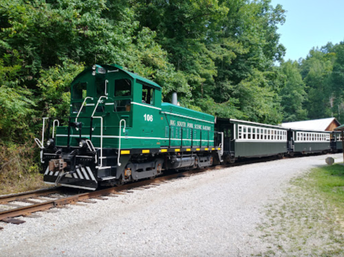 A green vintage train engine with passenger cars parked on a gravel track surrounded by trees.