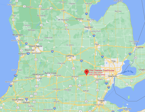 Map of Michigan highlighting the location of The Chelsea TreeHouse, a children's play center.
