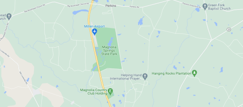 Map showing Millen Airport, Magnolia Springs State Park, and nearby landmarks in a rural area.