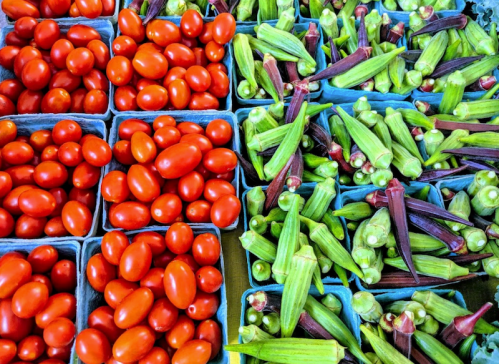 Baskets of bright red cherry tomatoes and fresh green okra arranged neatly at a market.