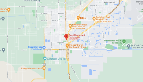 Map showing the location of Capri Restaurant in Florida City, near various other dining options and landmarks.