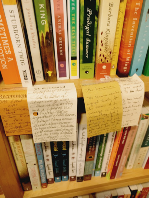 A bookshelf filled with colorful books and handwritten notes attached to the shelves.