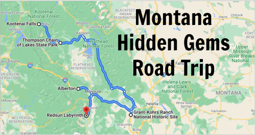 Map of a road trip route in Montana highlighting hidden gems, including locations like Missoula and Grant-Kohrs Ranch.