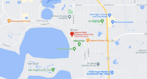 Map showing the location of Magical Meat Boutique British Pub near Gilbert Park in Mount Dora, Florida.